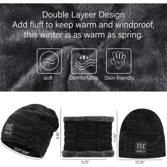 Unisex Winter Beanie Hat Scarf Set Warm Knit Hats Fleece Lined Winter Cap Neck - Picture 5 of 5